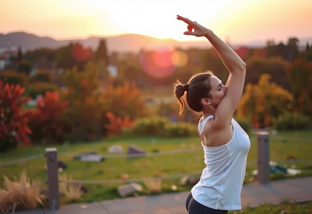 Persona realizando ejercicio suave y estiramientos al amanecer