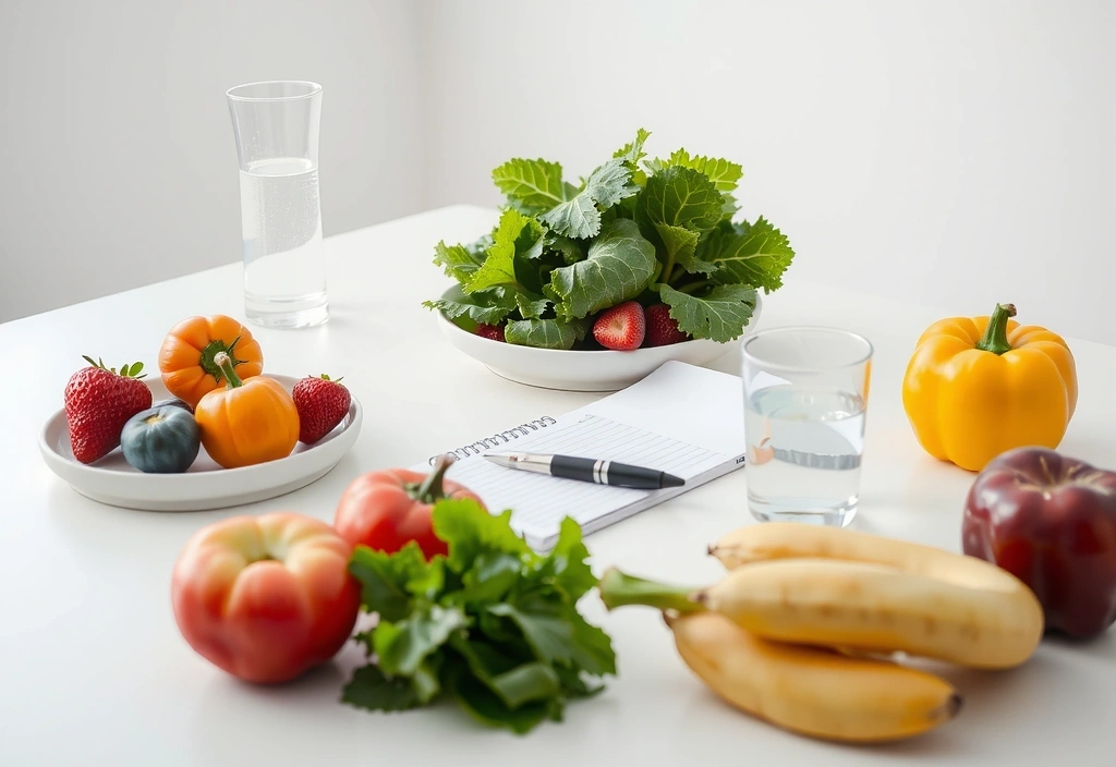 Mesa de consulta dietética con alimentos saludables y herramientas de medición