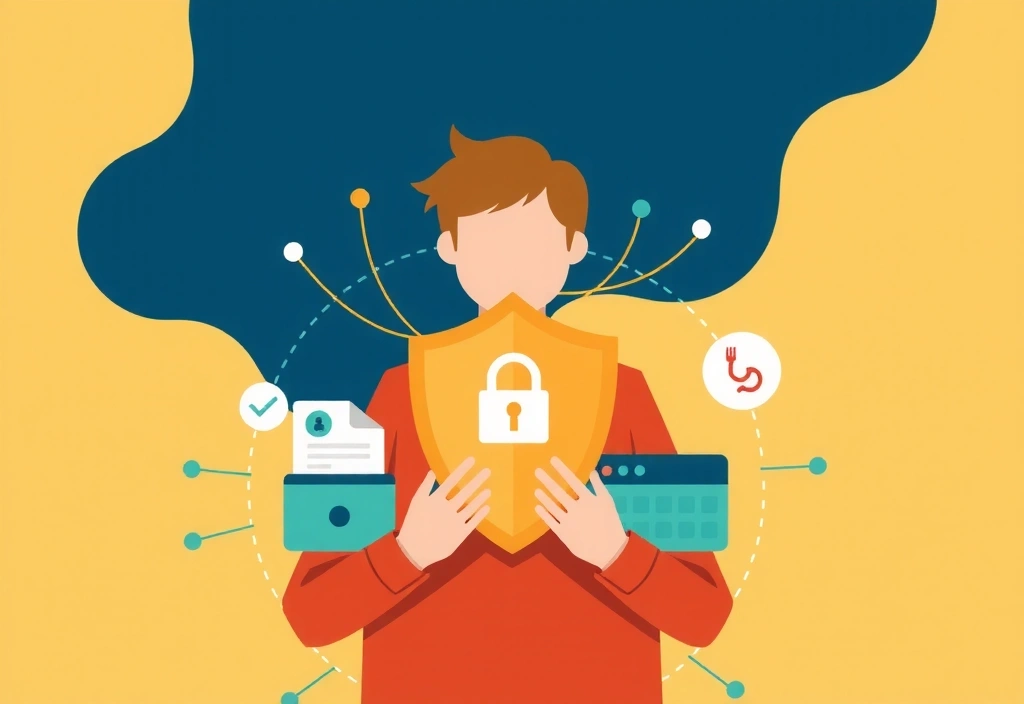 Ilustración de una persona protegiendo datos digitales con un escudo